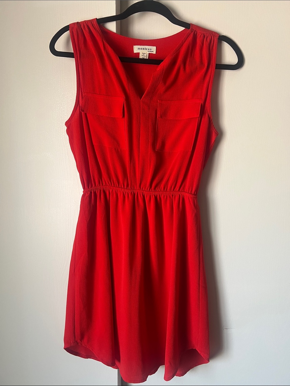 Monteau Bright Red V-Neck Sleeveless Elastic Waist Dress